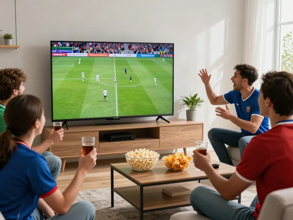 Fans enjoying a live football match on Gavangtv in a cozy living room.