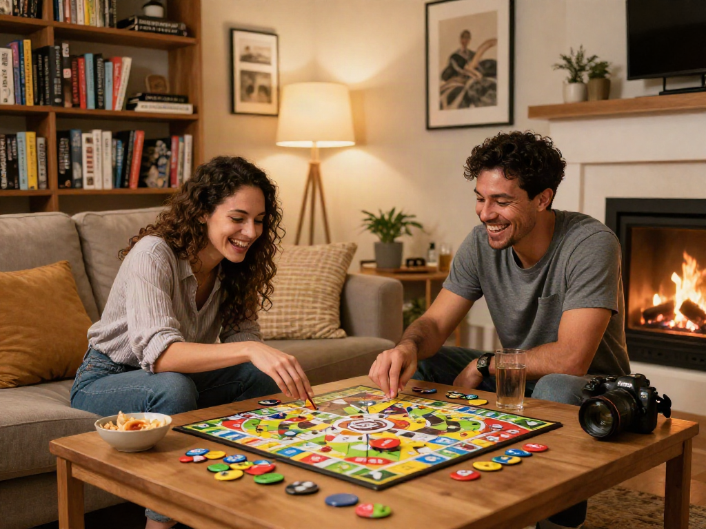 Couple playing a sex game in a cozy living room setting, showcasing laughter and connection.