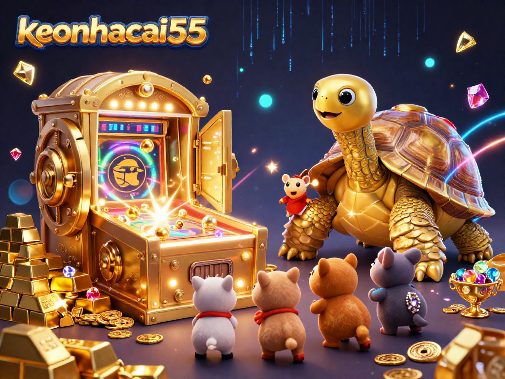 Engage with keonhacai55's thrilling world in a vibrant casino scene featuring a playful tortoise.