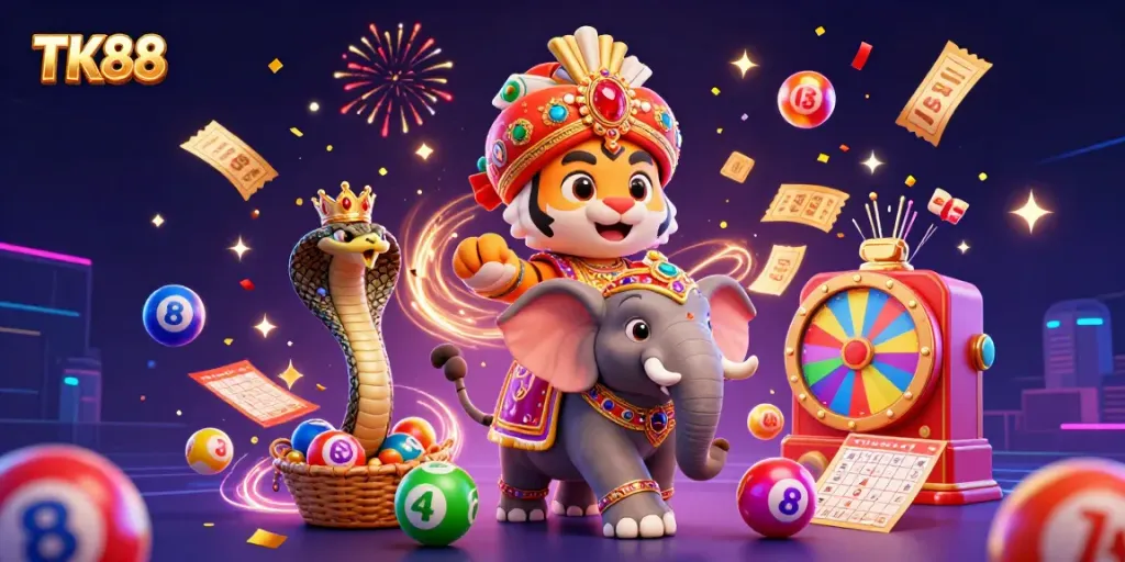 Experience thrilling excitement at TK88 with a vibrant scene of elephant and maharaja at a lively casino.
