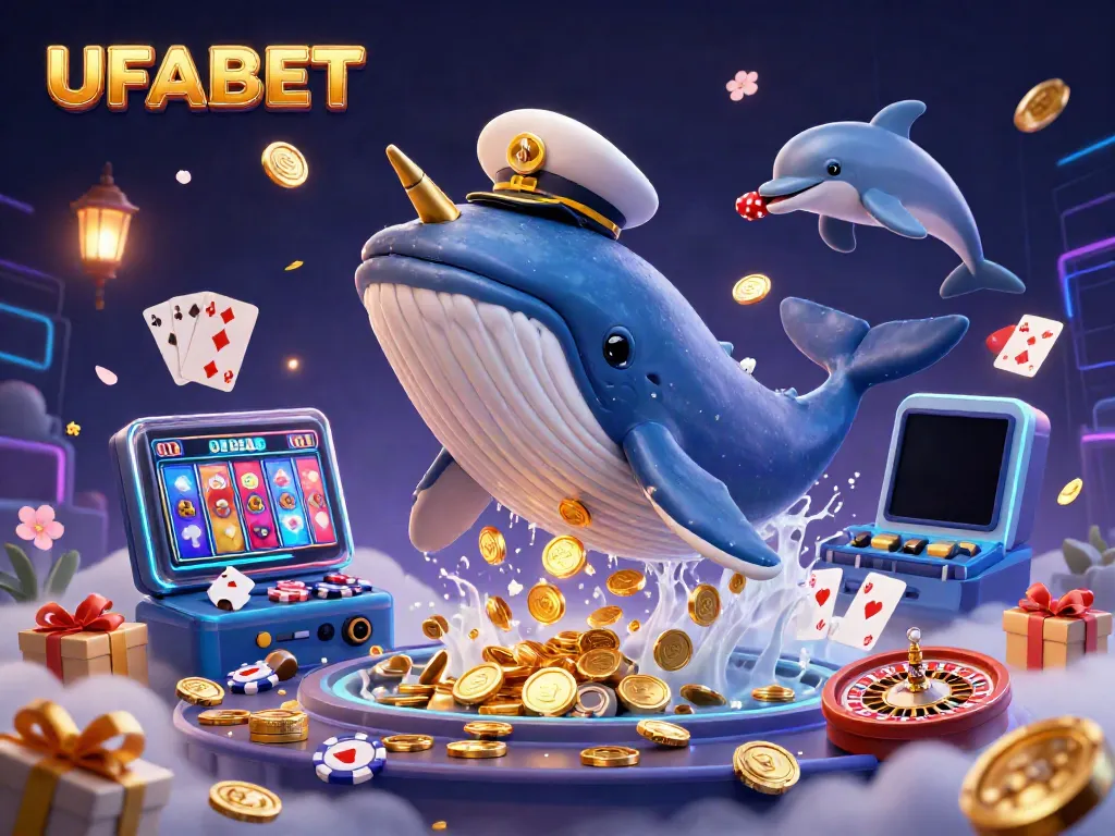 Play and win at UFABET with an enchanting casino scene showcasing a whale, narwhal, and dolphins amid vibrant gambling elements.