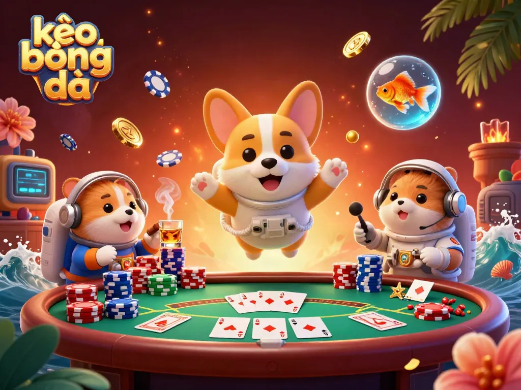 Experience kèo bóng đá through a vibrant 3D casino scene with an astronaut corgi and colorful poker elements.