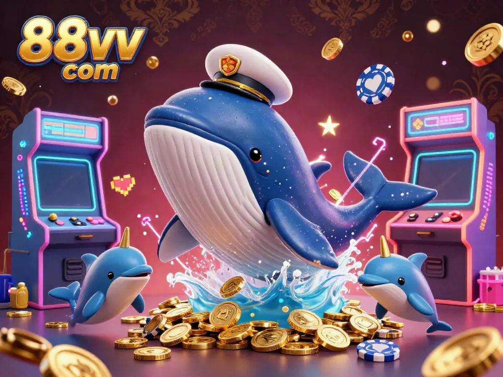 Engage in fun with the 88vv com casino, featuring a cartoon whale and dolphins surrounded by golden coins.