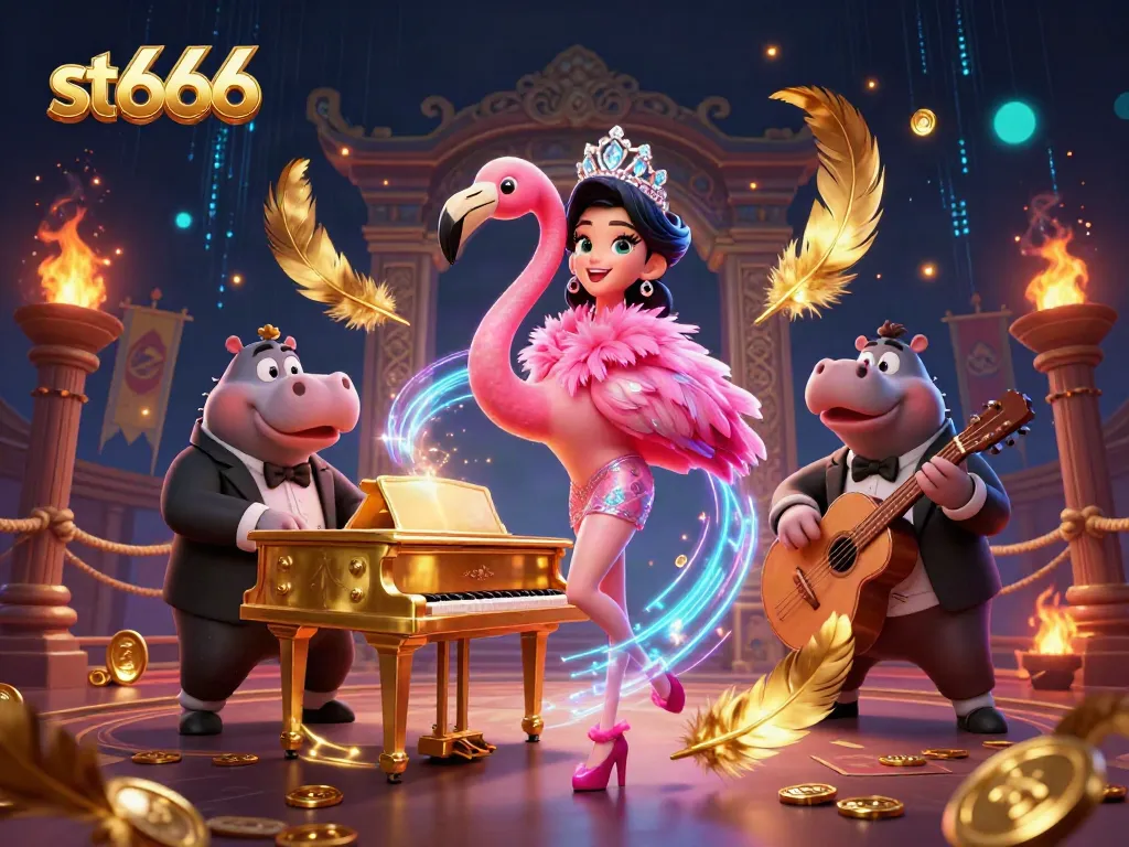 Engage with st666's vibrant casino scene showcasing a flamingo singer and hippo bassist amidst gaming symbols.
