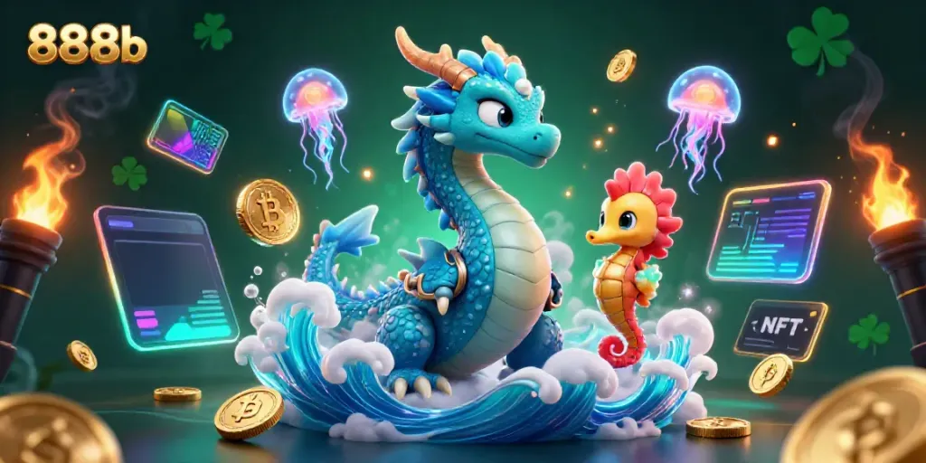 Engage in fun betting at 888b with a vibrant scene depicting mystical creatures and cryptocurrency.