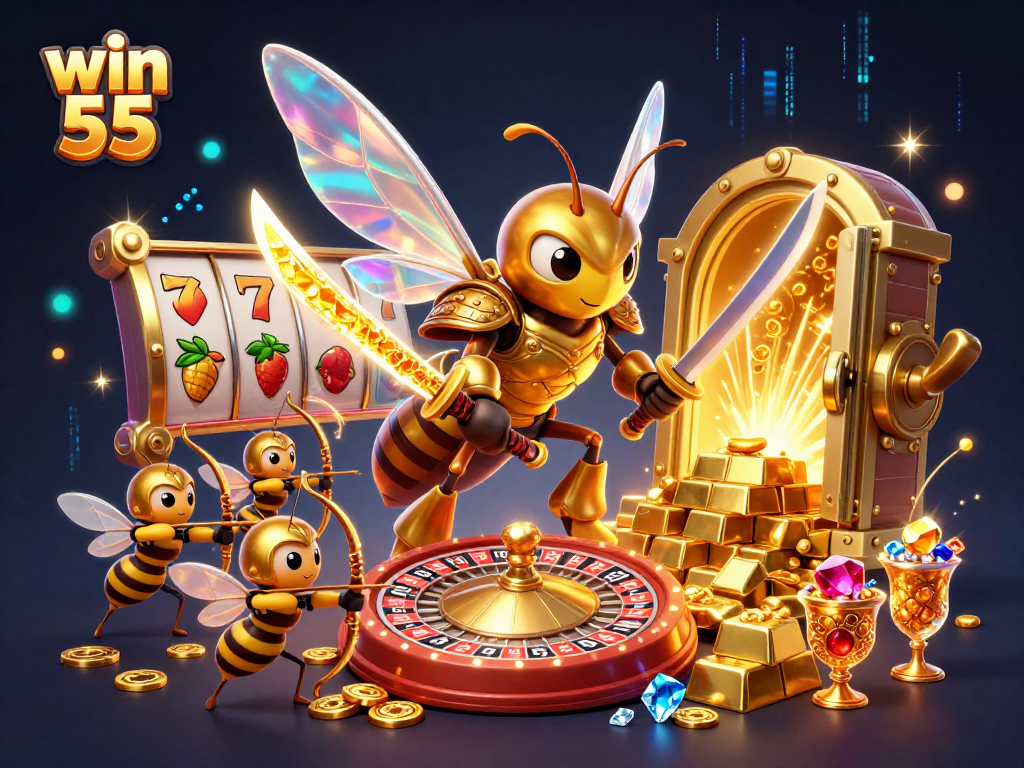 Win 55: Exciting gaming scene with vibrant roulette, slots, and dazzling treasures.