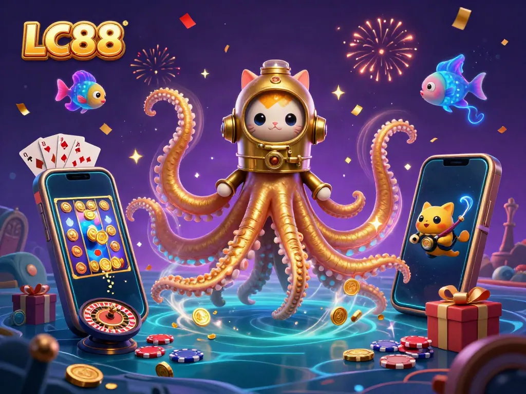 Spin to win with LC88 and experience vibrant casino adventures in this thrilling illustration.