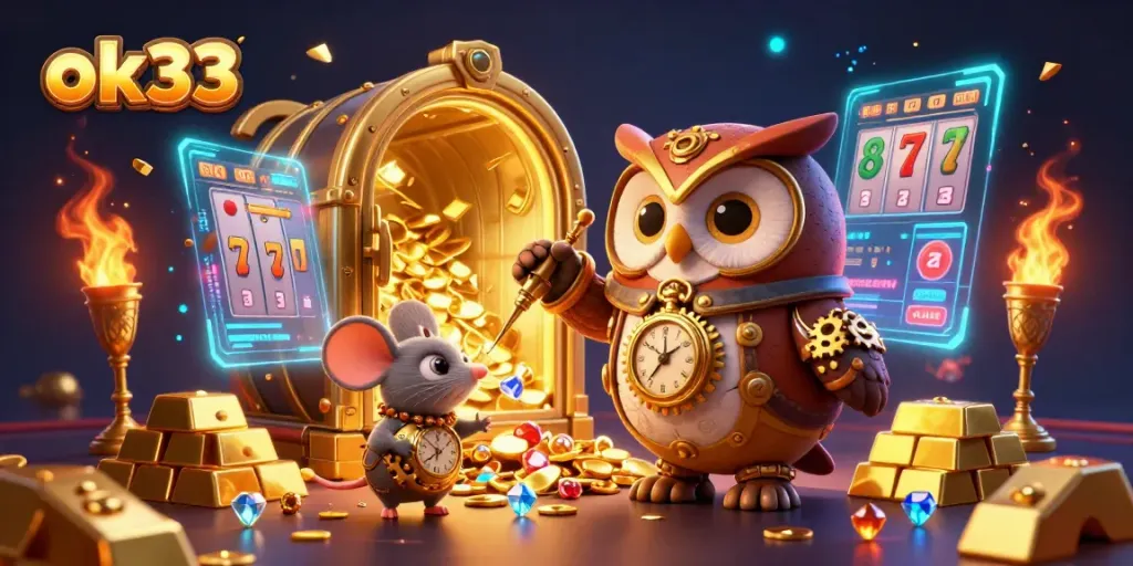 Engage with the dynamic jackpot scene featuring ok33's owl and mouse characters amidst vibrant slot elements.