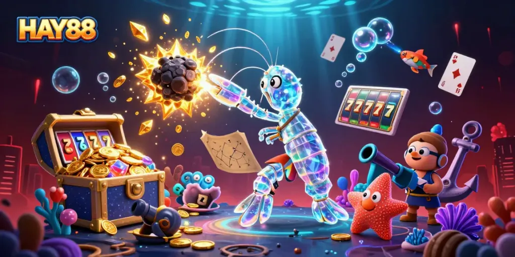Experience the thrill of HAY88 with a vibrant 3D casino scene featuring a galactic mantis shrimp and rich game elements.