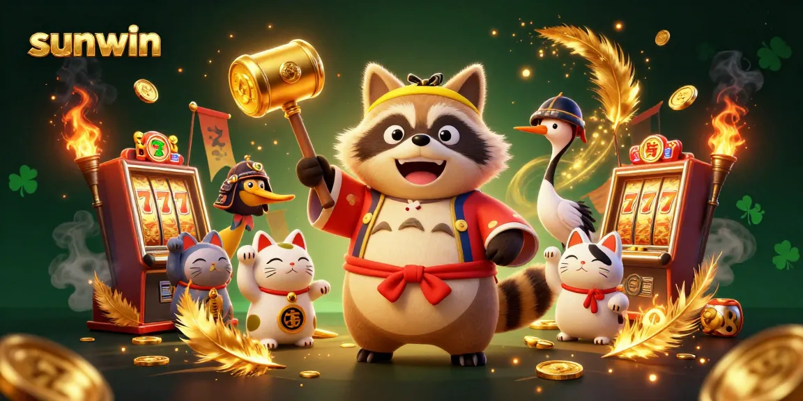 Spin to win at sunwin with cheerful tanuki, slot machines, and fortune cats in action.