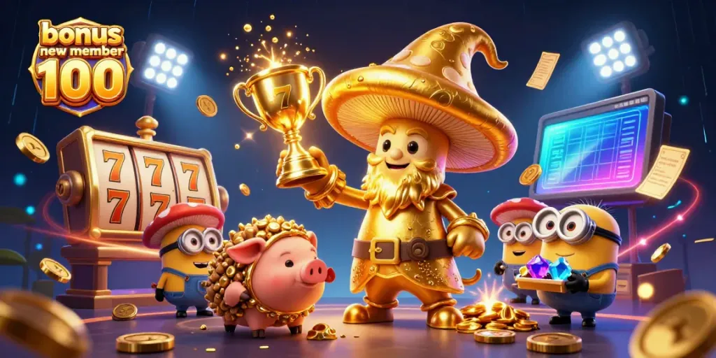 Experience the thrill of winning with bonus new member 100 in a vibrant casino-themed illustration featuring magical characters.
