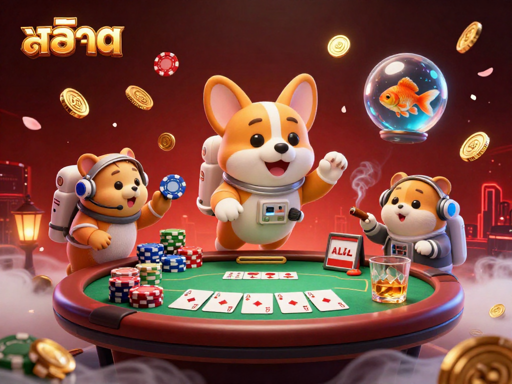 Play exciting สล็อต games with a 3D cartoon astronaut corgi, poker chips, and glowing elements.