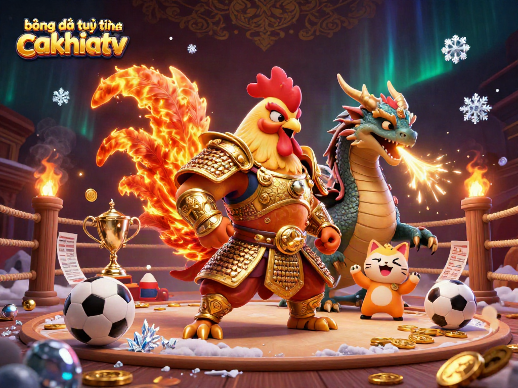 Bóng đá trực tuyến cakhiatv enhances sports betting with a dynamic scene of a victorious rooster warrior.
