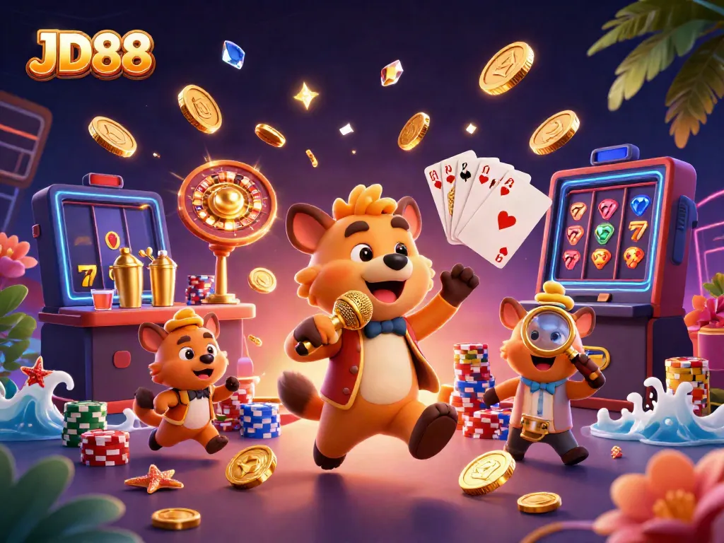 Join the fun at JD88 with a lively casino scene featuring hyenas engaging in games and drinks.