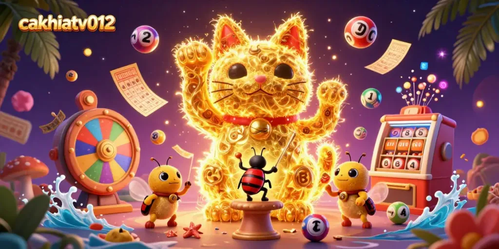 Cakhiatv012 celebrates luck with a vibrant cat formed from golden fireflies amid dynamic casino elements.