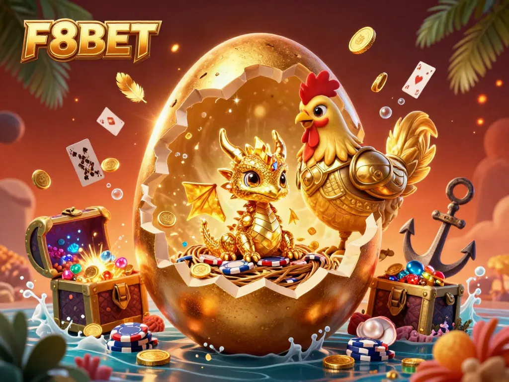 Engage in thrilling action at F8BET as a golden dragon reveals poker chips amidst an exciting casino scene.