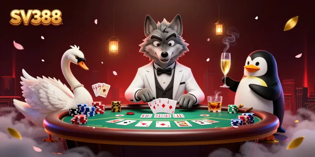 Experience SV388 with a charming wolf, swan, and penguin at a lively casino table.