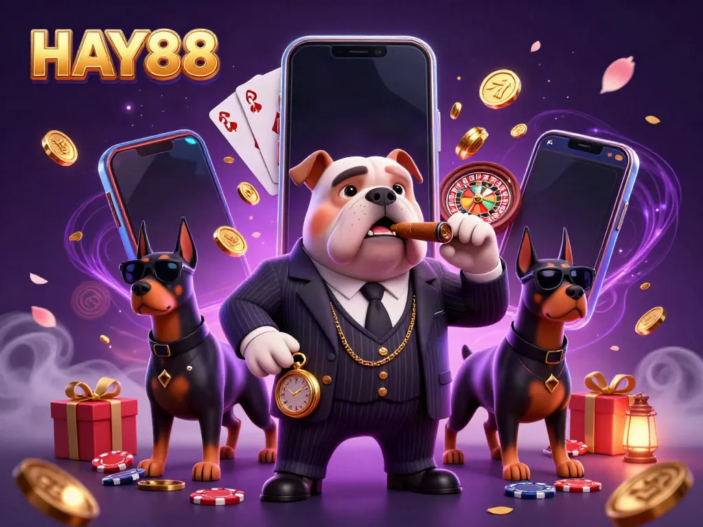 Engage with HAY88's vibrant casino adventures featuring a mafia boss bulldog and bodyguards.