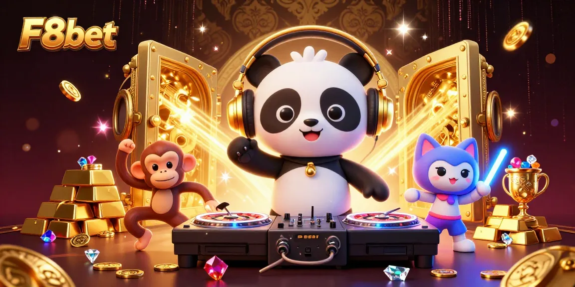 F8bet brings the party to life with a DJ panda and vibrant animations in this thrilling casino illustration.