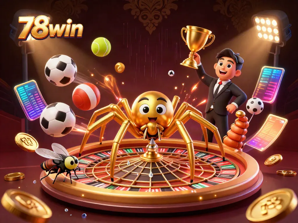 Experience thrilling bets at 78win with a captivating 3D casino scene featuring a spinning roulette wheel and animated characters.