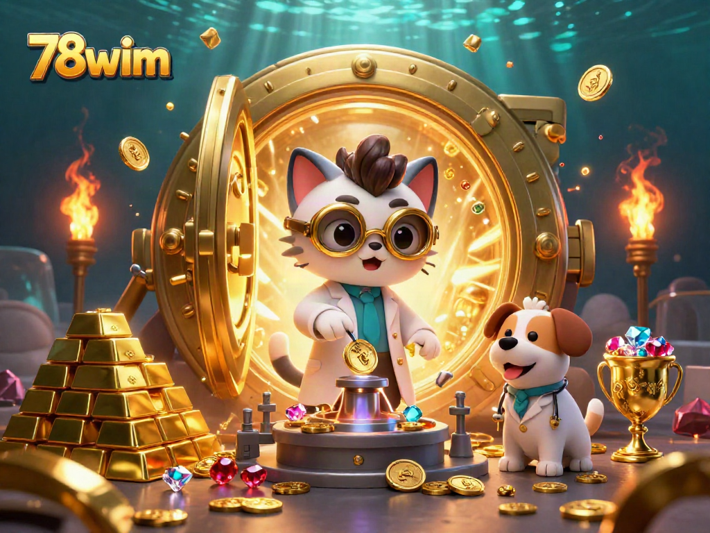 Engage with 78wim in a vibrant 3D scene featuring a mad scientist cat and dog amid golden treasures.