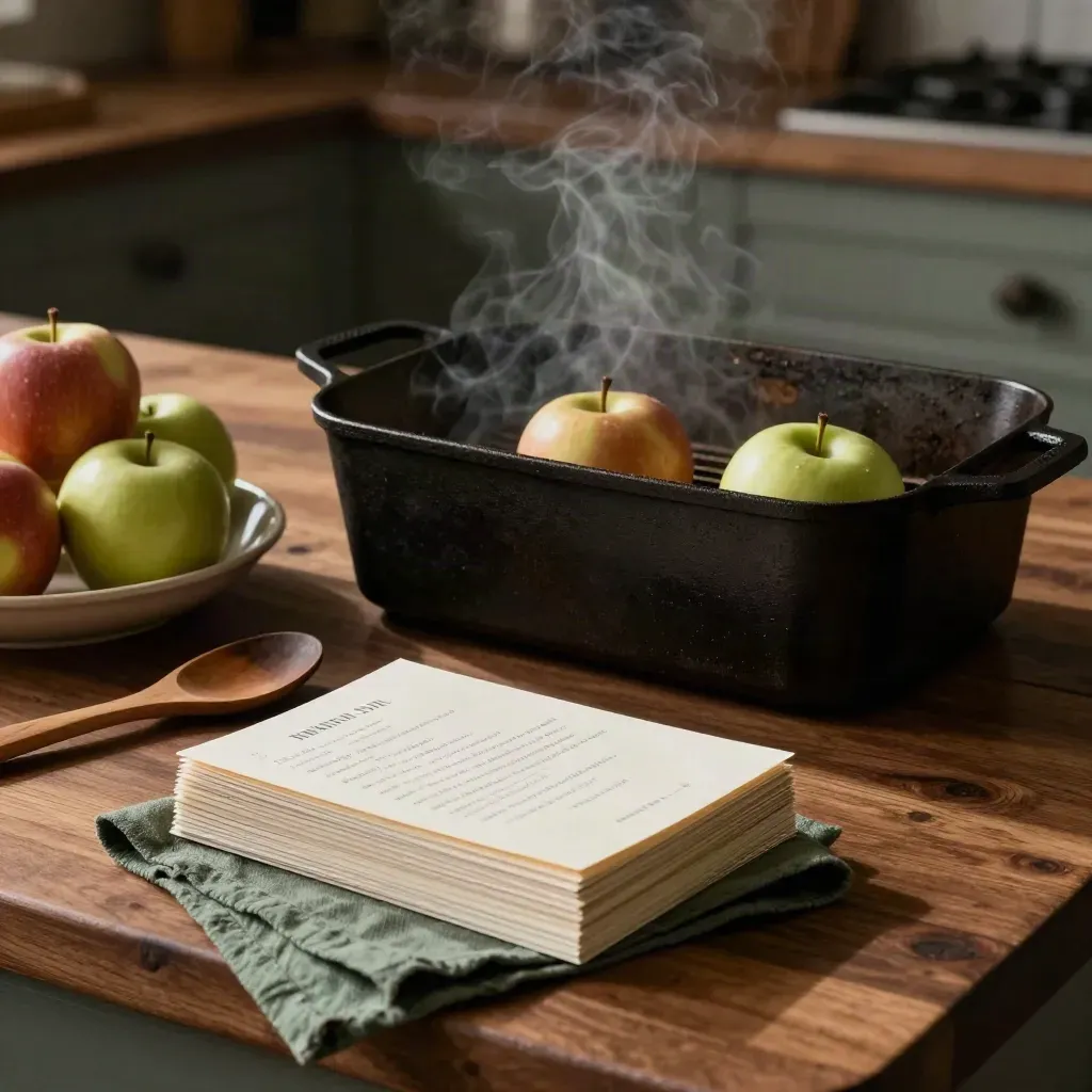 Cast-iron roasting tin, recipe cards, wooden spoon and apples on a warm kitchen island.