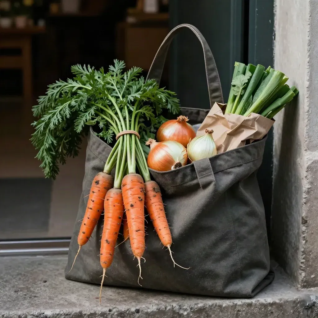 Canvas tote with carrots, onions, herbs and produce bags on a concrete ledge