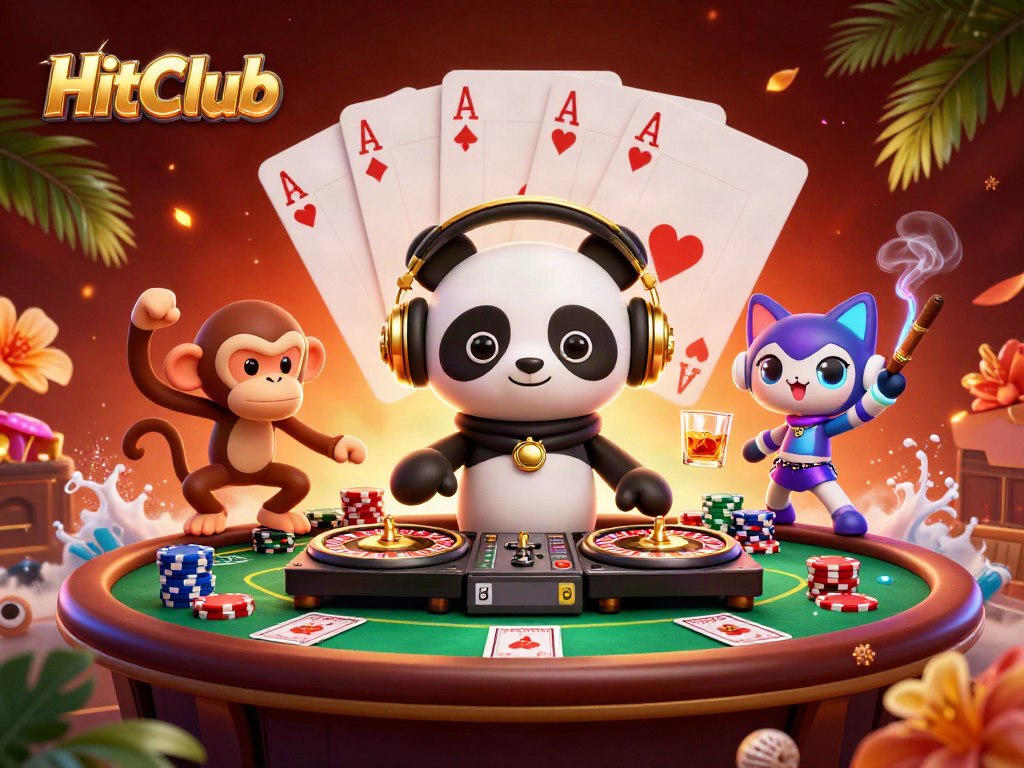 Spin and win at HitClub with lively characters in a vibrant casino scene filled with poker elements.