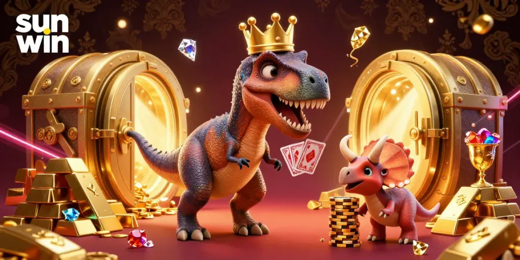 Experience the excitement of sun win as a friendly T-Rex shuffles cards in a dazzling casino scene.