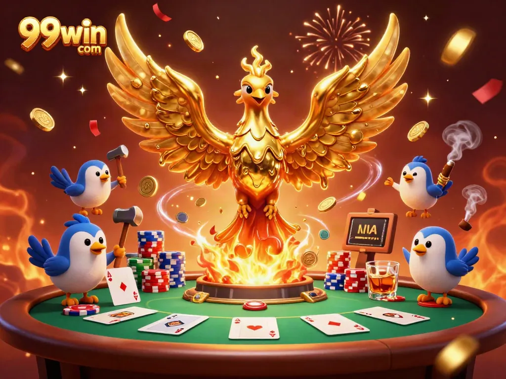 Experience the thrill of 99win com with a vibrant 3D scene showcasing poker elements and gold!