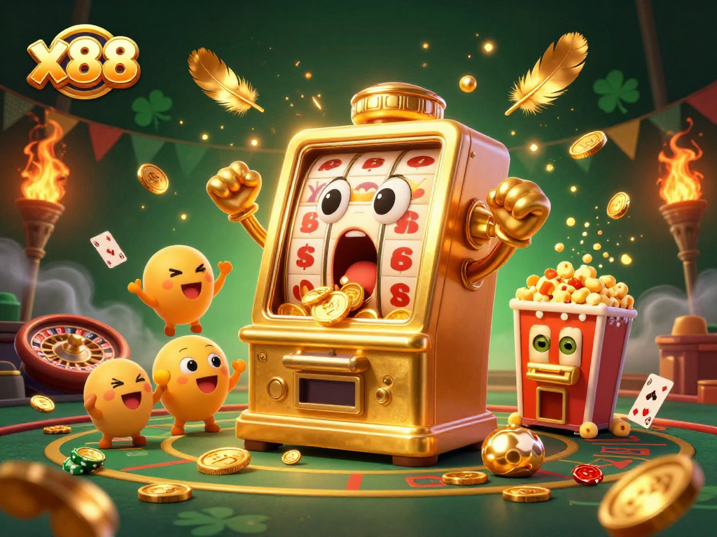 x88 reels spin as the golden slot machine hits the jackpot, coins raining down in a vibrant casino scene.