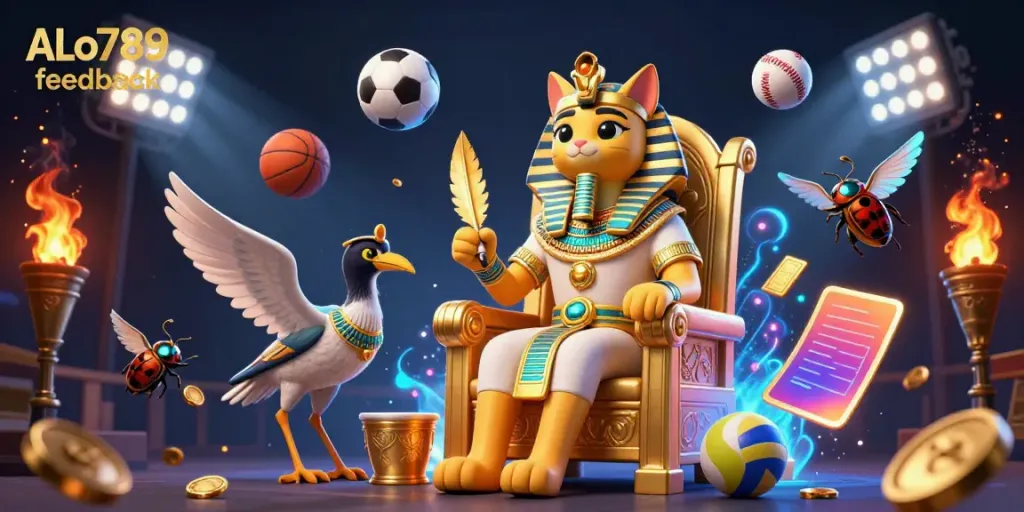 Experience ALo789 feedback's vibrant gaming realm with a pharaoh cat, sports elements, and dynamic action.