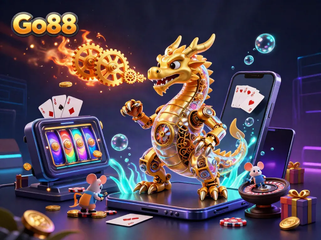 Experience thrilling gameplay with Go88's animated golden dragon and dynamic casino elements
