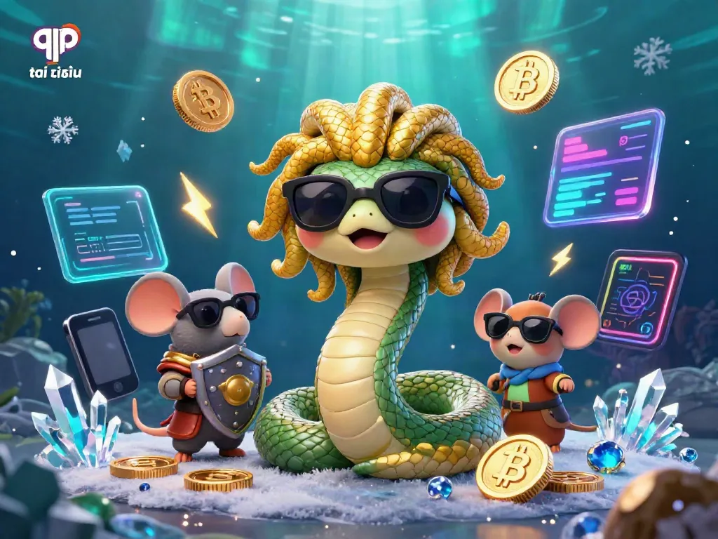 Engage with the app tài xỉu online while enjoying a vibrant 3D illustration featuring Medusa and a warrior mouse, packed with cryptocurrency elements.