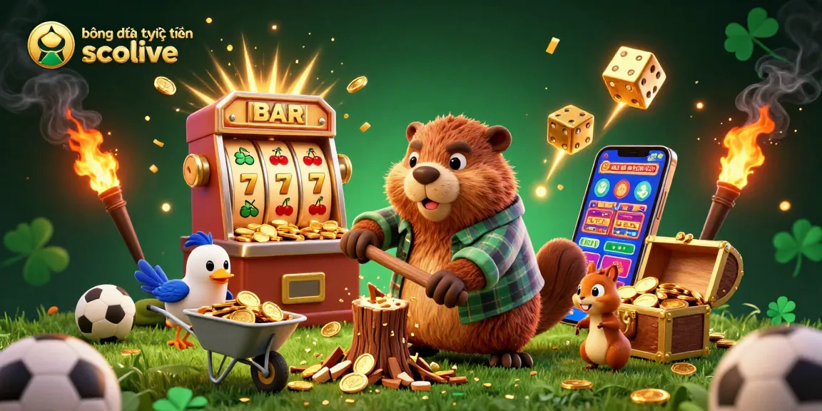Bets on bóng đá trực tuyến socolive while a beaver cuts a tree raining golden coins, creating an exciting casino atmosphere.