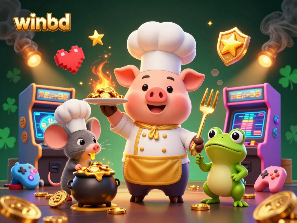 Engage with winbd's thrilling casino scene featuring a chef pig serving gold coins, alongside exciting game elements.