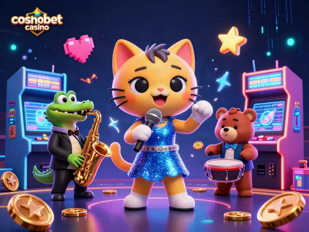 Experience the fun at Cosmobet Casino with a jazz-singer cat and friends amidst vibrant gaming elements.