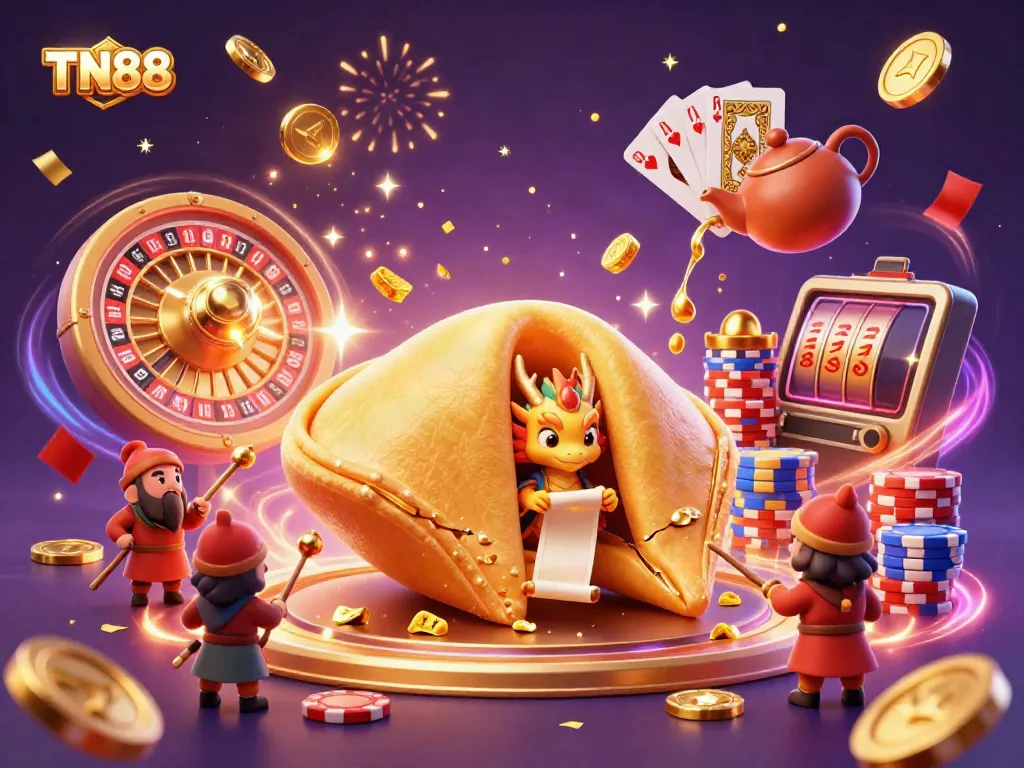 Gamble and win with TN88 featuring golden fortune cookie, dragon, and 3D casino elements.