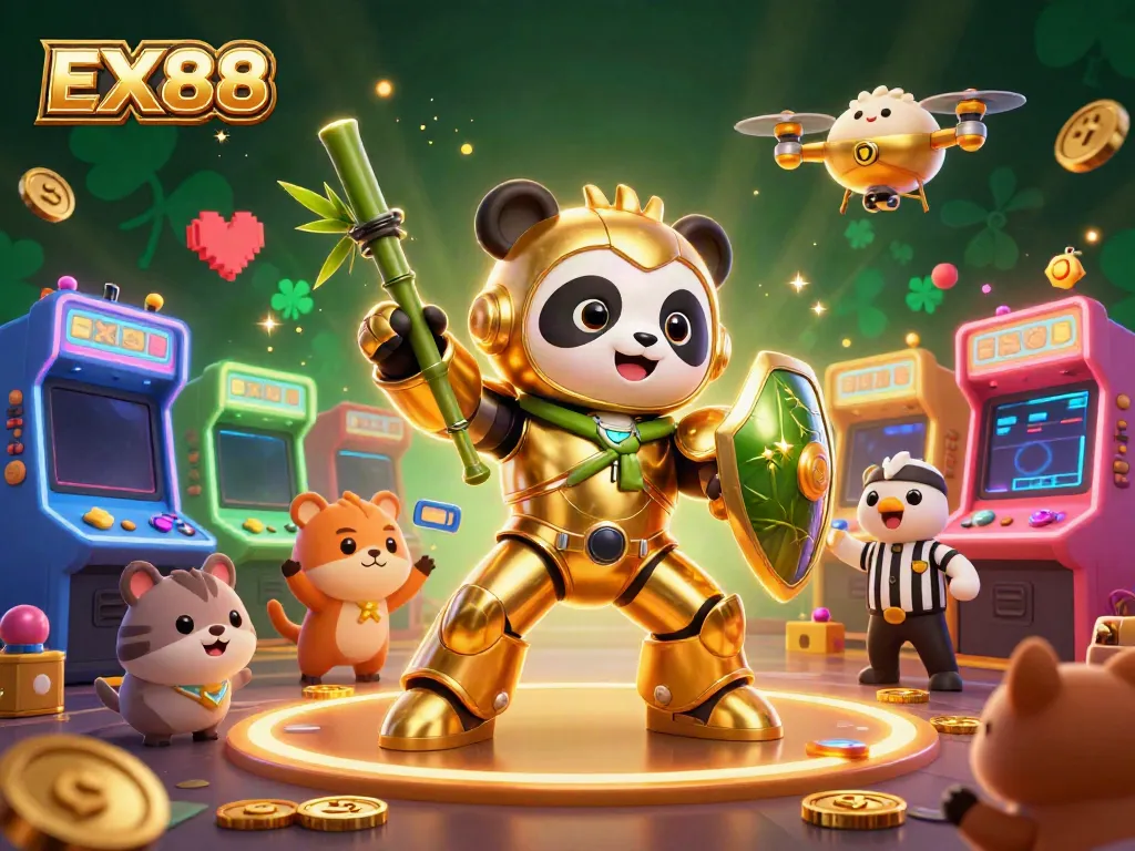 Experience winning thrills with EX88 at this vibrant casino arcade scene.