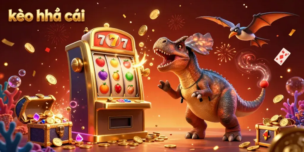 Exciting scene of kèo nhà cái pachycephalosaurus joyfully triggering a jackpot at a golden slot machine, with coins flying.