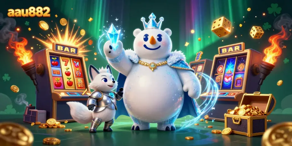 Experience thrilling wins with aau882's vibrant casino scene featuring the ice king, slot machines, and stunning colors.