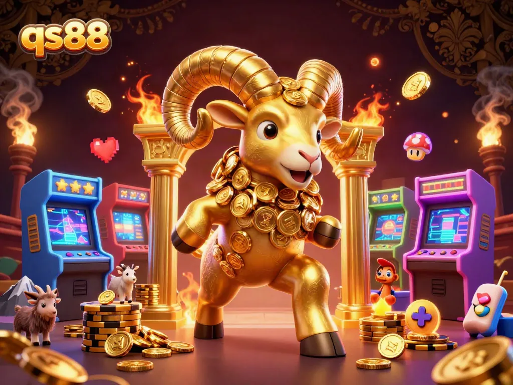 Engage with qs88's dynamic gaming experience featuring golden elements, vibrant arcade machines, and energetic characters.