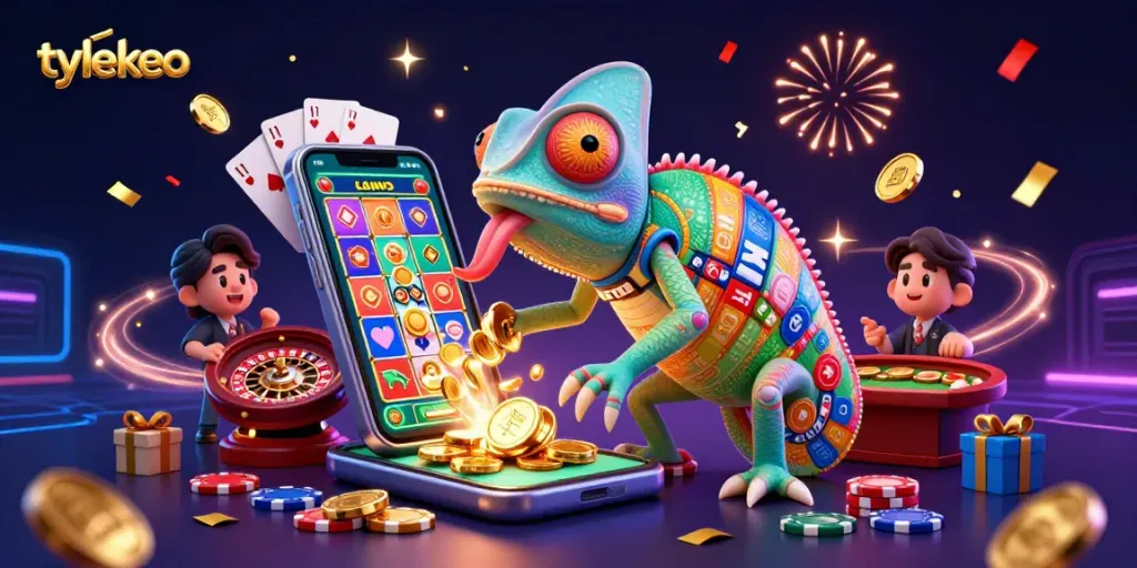 Betting strategies come alive with tylekeo, featuring a chameleon casino owner in a vibrant gambling scene.