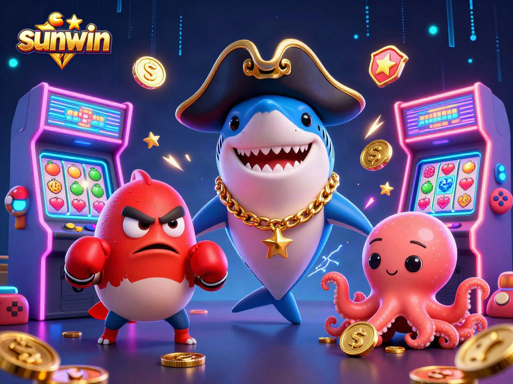 Catch the excitement at sunwin with a dazzling casino scene featuring vibrant characters and game elements.
