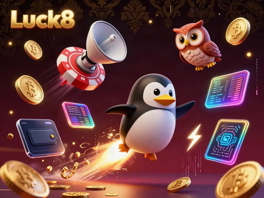 Experience the thrill of Luck8 as a golden penguin rockets through space toward a casino chip.