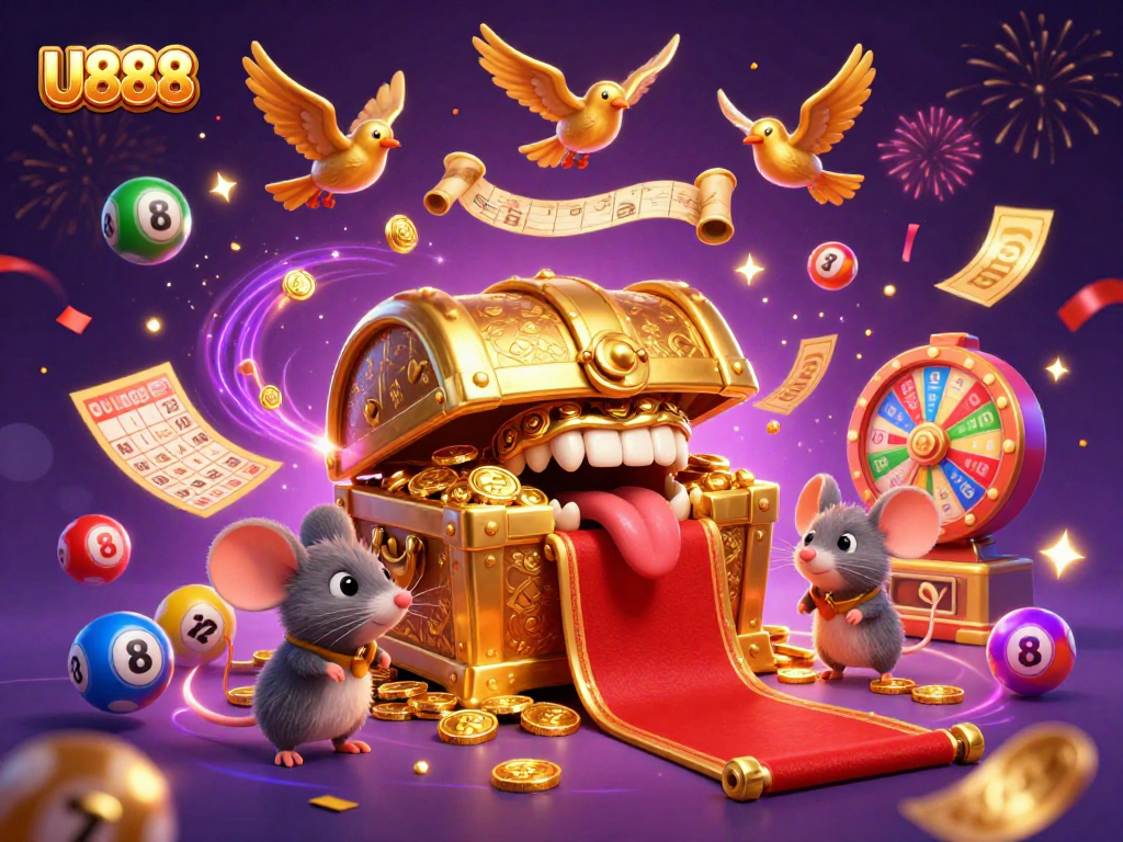 Launch into the exciting world of U888 with a vibrant illustration of lottery action and treasure.