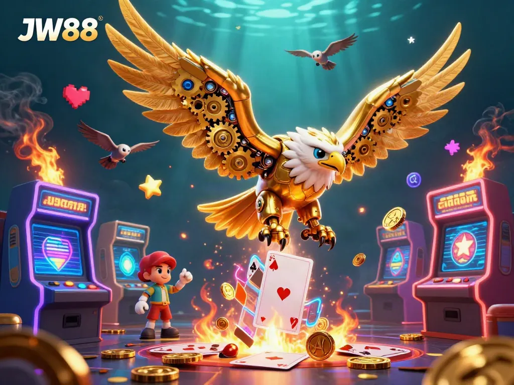 Engage with JW88's vibrant online casino experience featuring a dynamic 3D illustration.