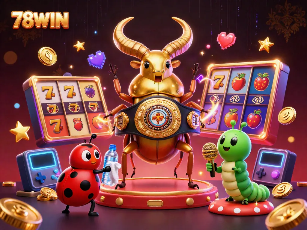 Experience thrilling gameplay at 78WIN with dynamic slot reels, golden beetle champions, and colorful casino elements.