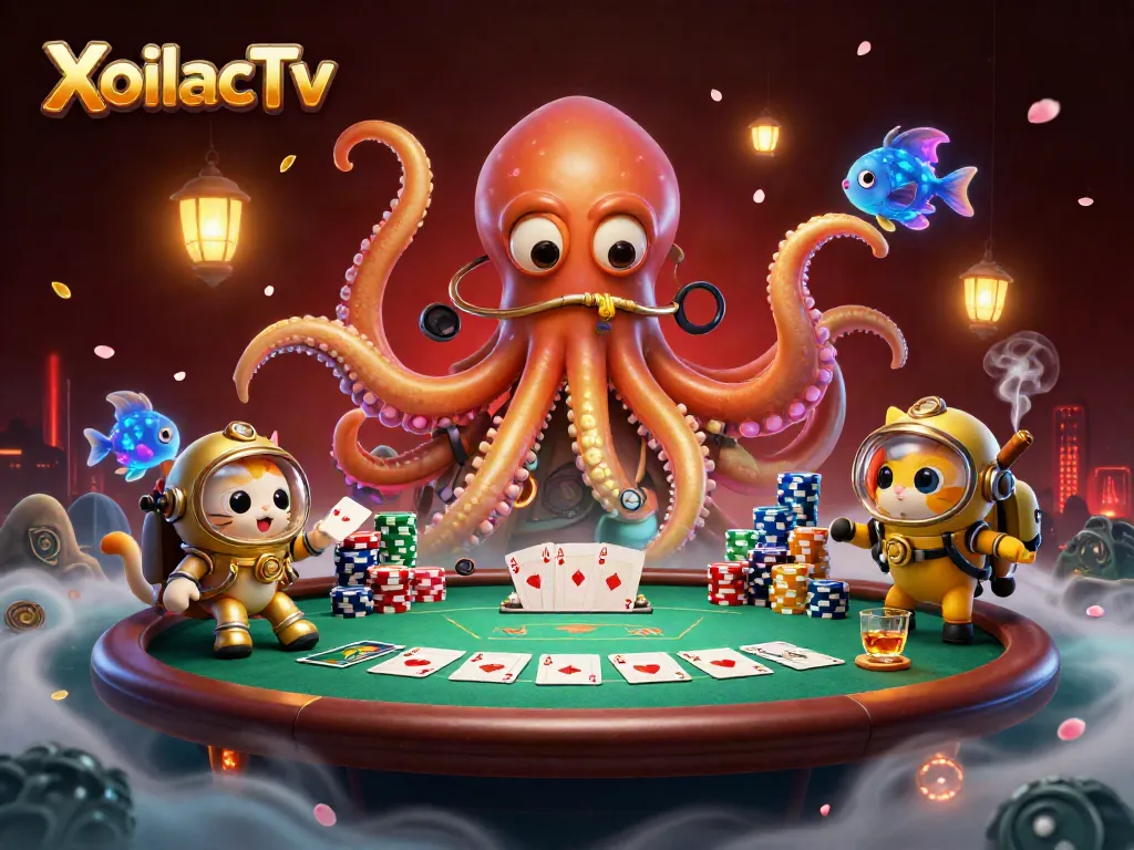 XoilacTv immerses players in a vivid casino realm featuring a cartoon kraken and a diving cat surrounded by poker assets.