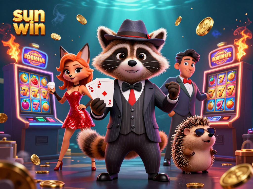 Spin and win with sun win in this vibrant casino scene featuring a suave raccoon and charming fox.